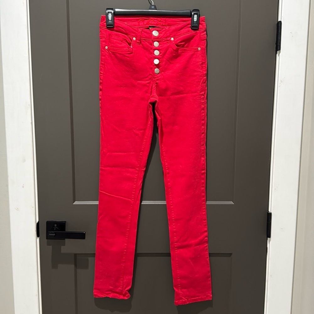 High Rise Red Buttonfly Skinny Jean